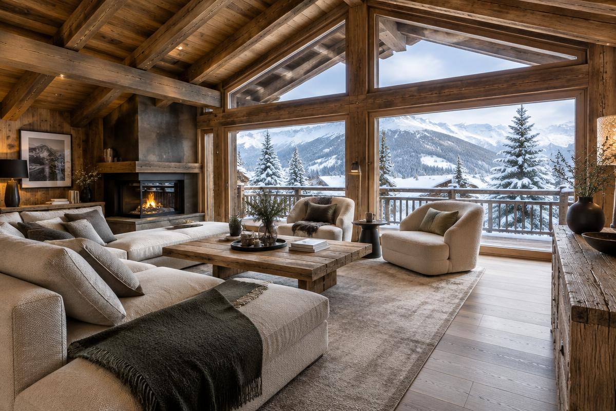 Salon d’un chalet avec vue sur les montagnes